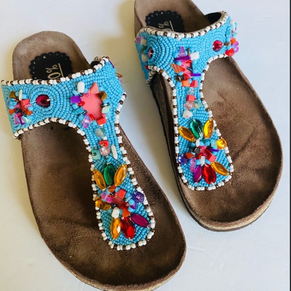 Gorgeous Beaded birkenstock style turquoise sandals